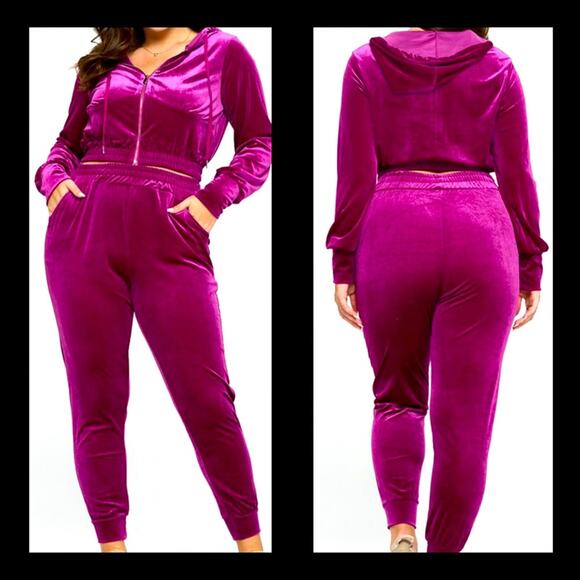 PLUS SIZE 1X purple magenta velvet jogger track lounge hoodie pant set NWT B27 - Picture 1 of 10
